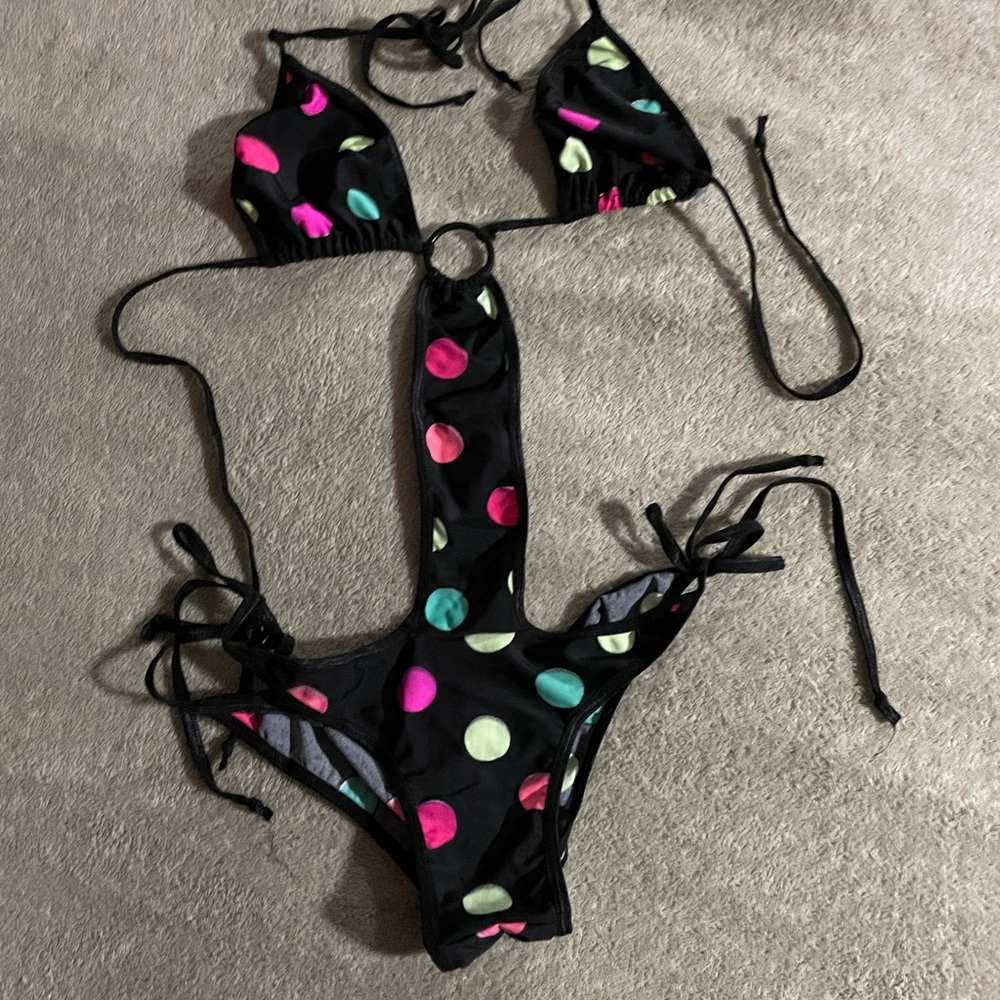 Chynna Dolls one piece swimsuit black colorful polka dots